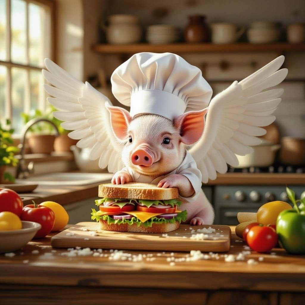 A whimsical, dreamlike scene of a piglet wearing a tiny chef's hat, carefully assembling an elaborate sandwich with oversized ingredients. T...