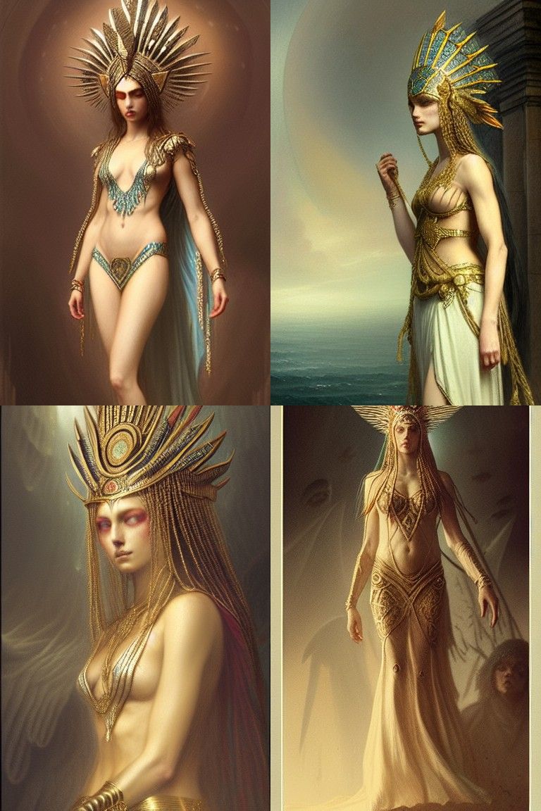 Atlantean queen wearing detailed gown and headdress by Greg ...