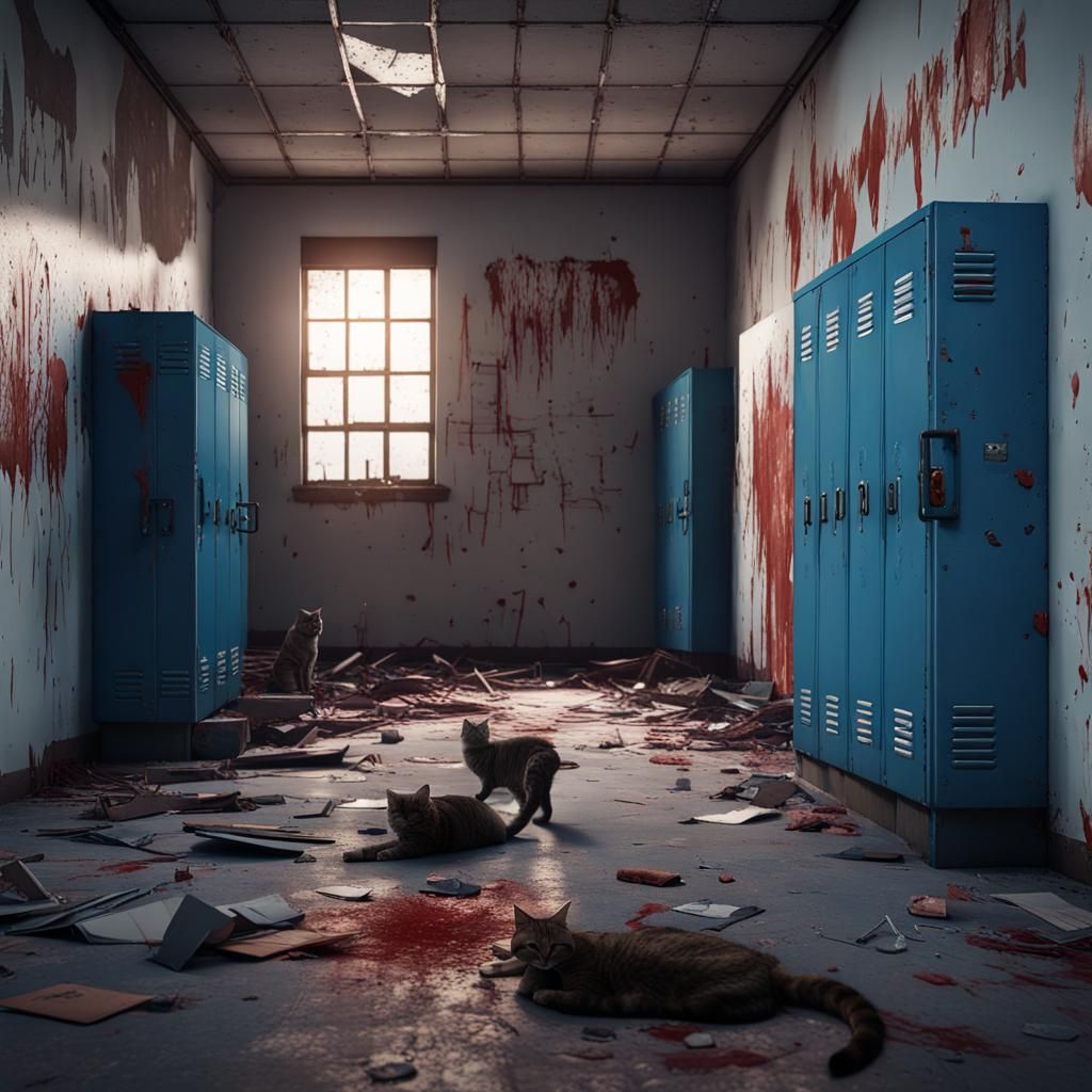 a abandaned school hallaway  in ruins with colorful lockers ...