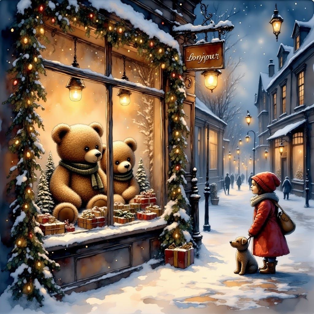 <lora:Ink Poet:1.0> Une vitrine de magasin de jouets illuminée par des guirlandes et des lampes, avec deux grands ours en peluche vêtus d’éc...