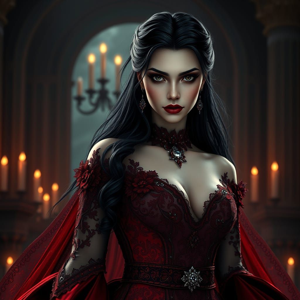 Ethereal Vampire Princess in Dark Crimson Gown