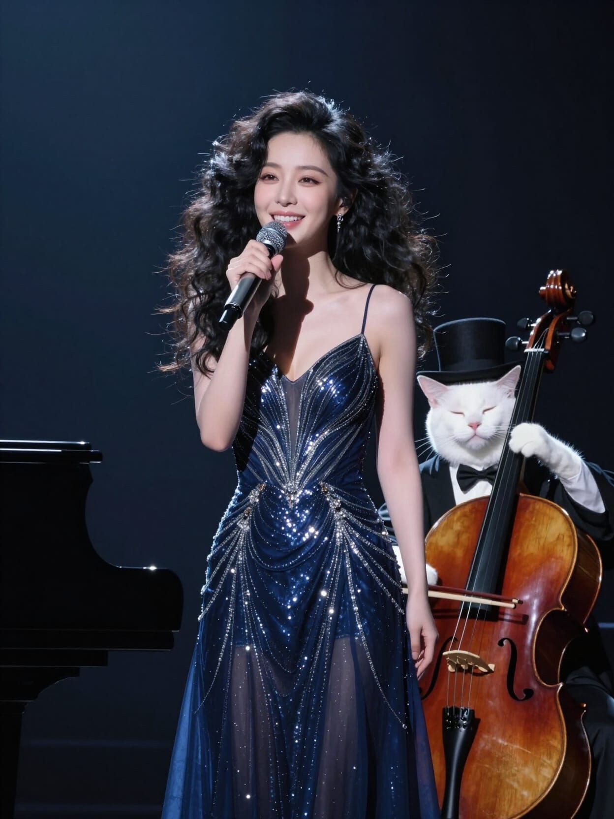 super cute Chinese godess with a soft smile big floofy hair wearing a beautiful lavish modern dark blue night dress with...