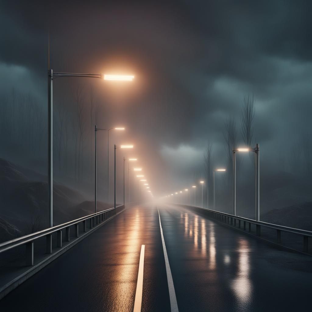 Dark misty motorway with lightpoles on the sides, unnatural ...