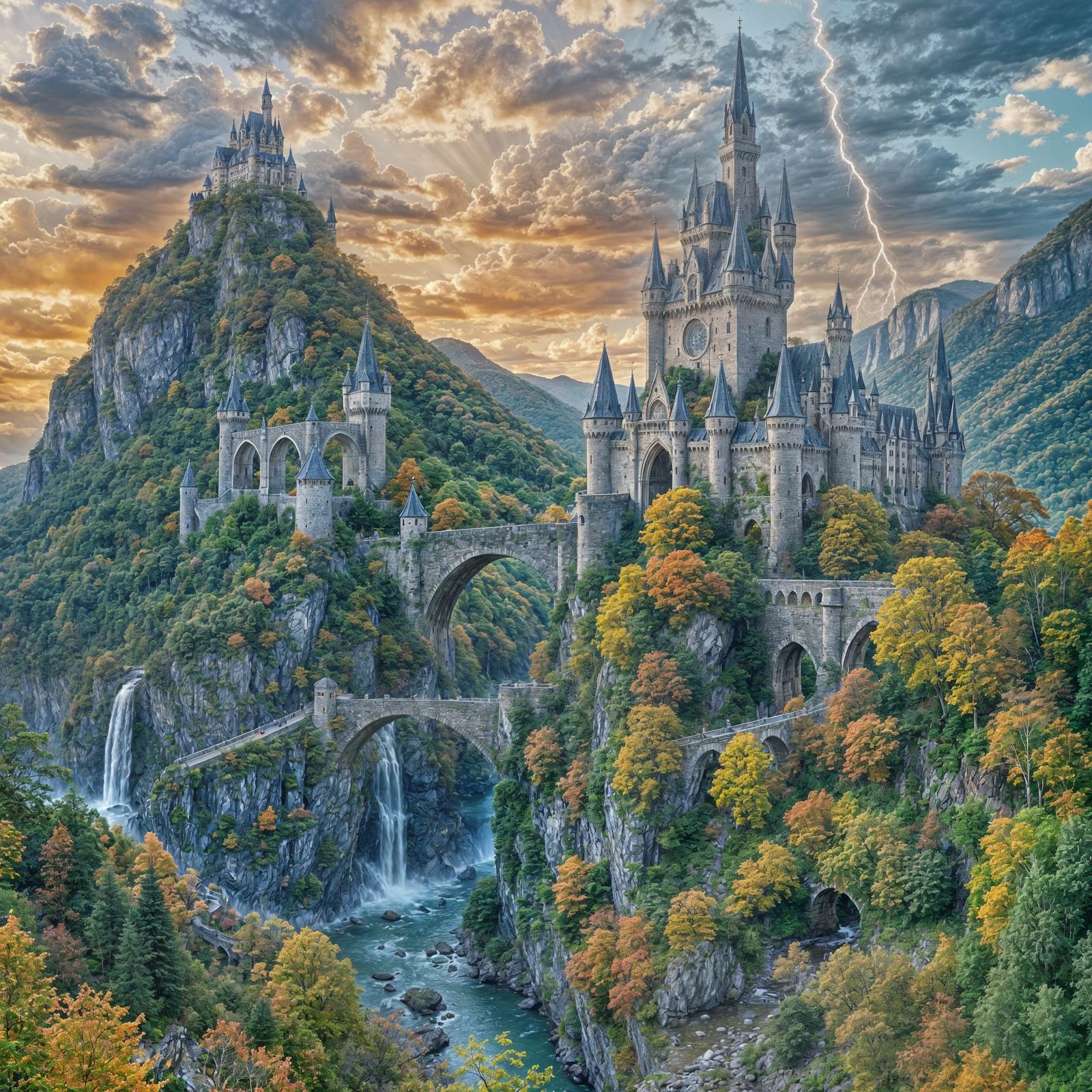 Majestic Mountain Castles Connected by Stone Bridge