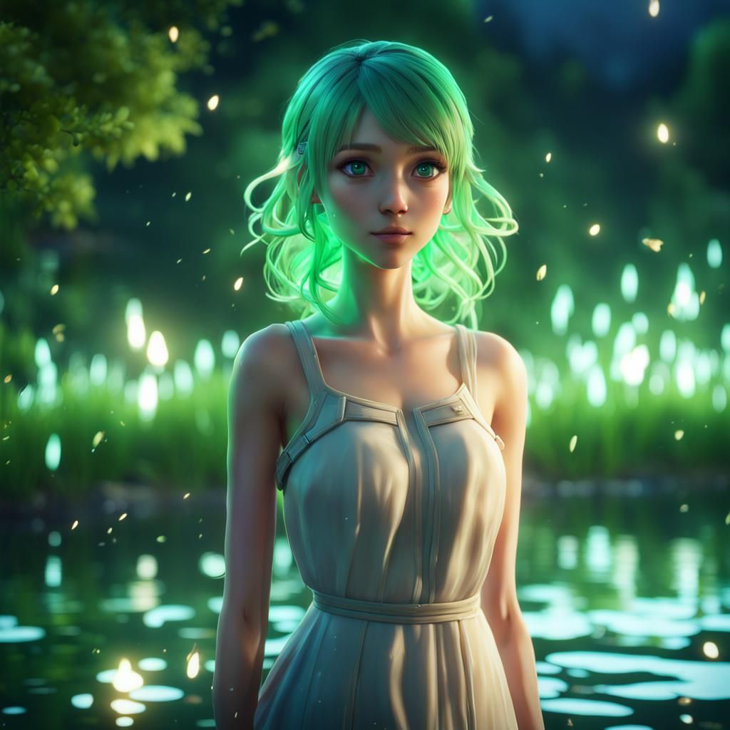 An Anime Girl With Bioluminescent Water Like Hair, And Beautiful Deep 