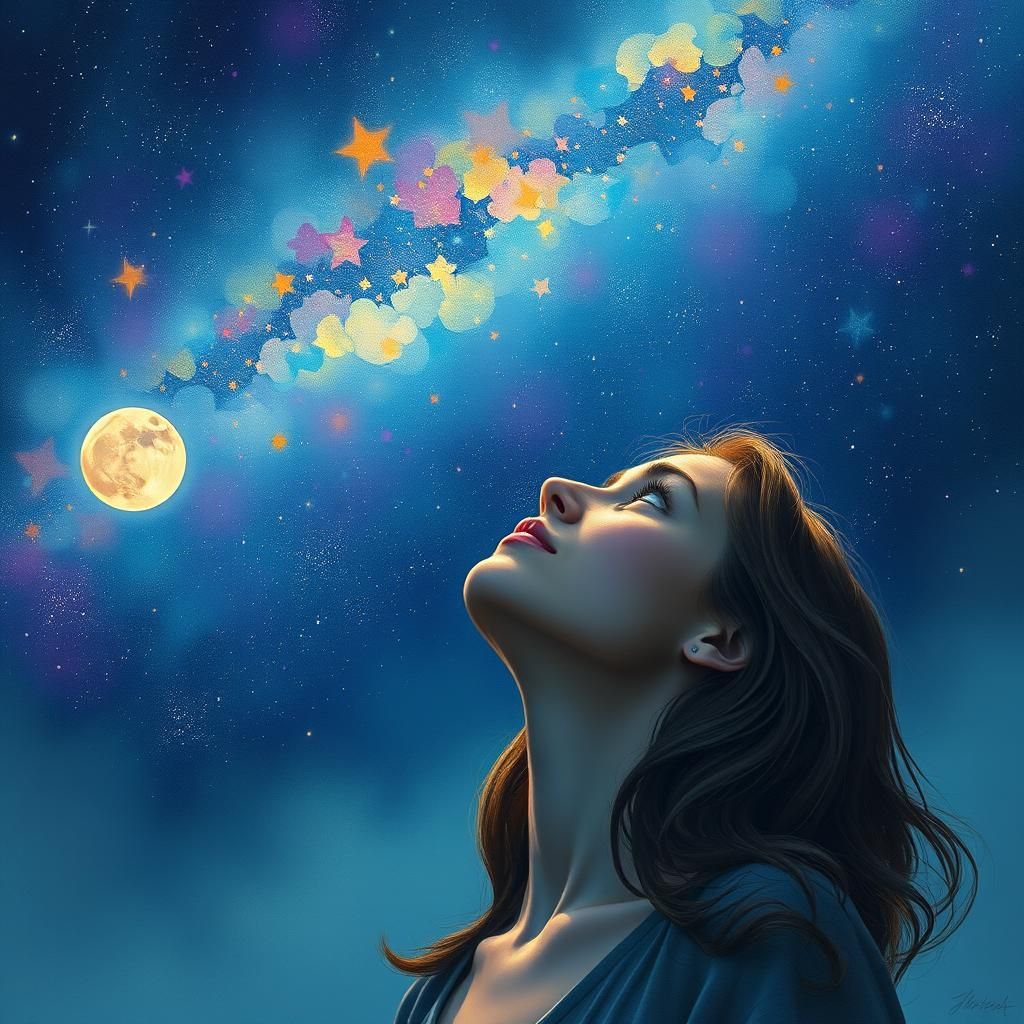Woman Gazing at Starry Sky in Dreamy, Symbolist Style