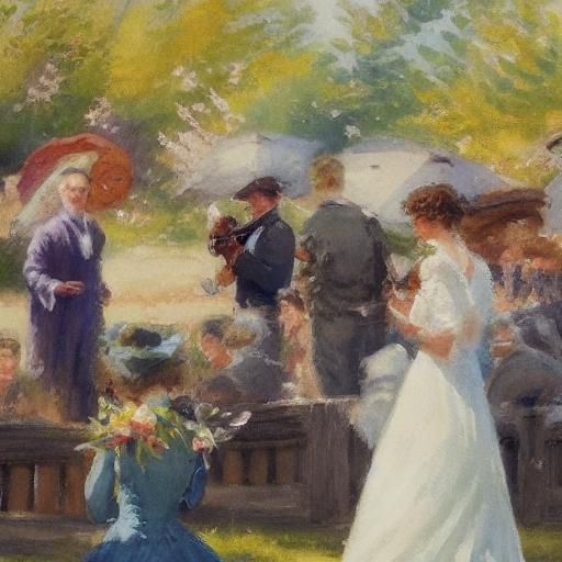 watercolor impressionist in style of Maltilda Brown soft autumn light by the seashore a slight chilll in the air a bluegrass ensemble two wo...