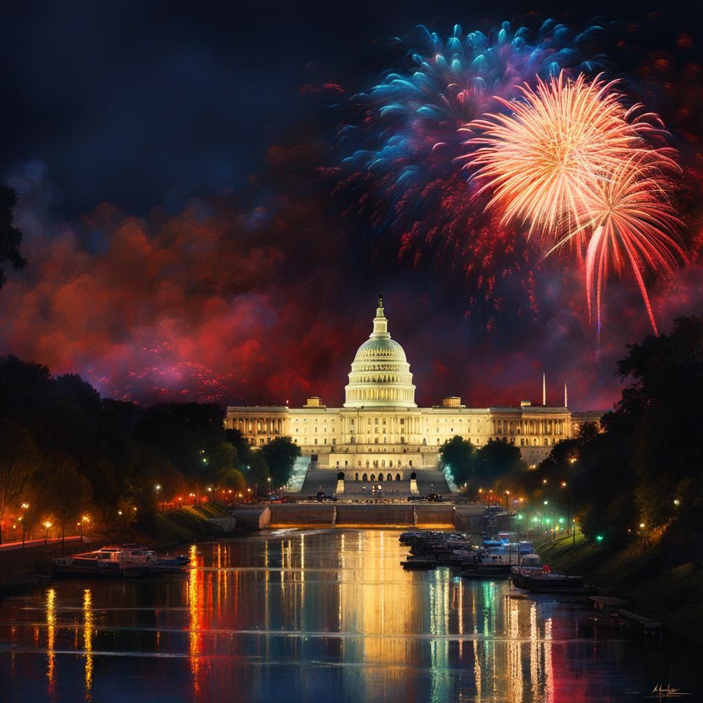 Washington, DC nighttime cityscape: neon lights, fireworks o...