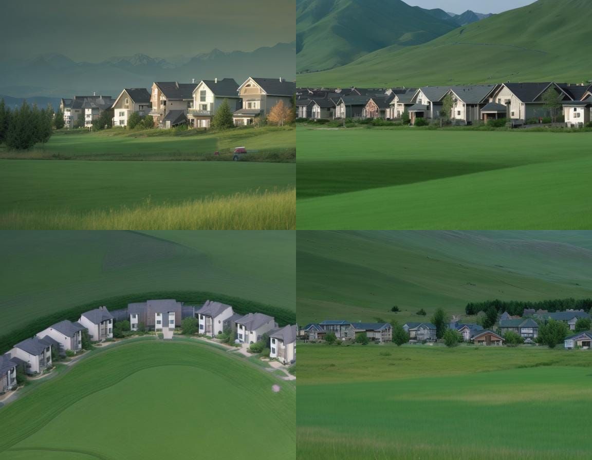 suburban housing in grassland in a beautiful green pasture is surrounded by mountains AI