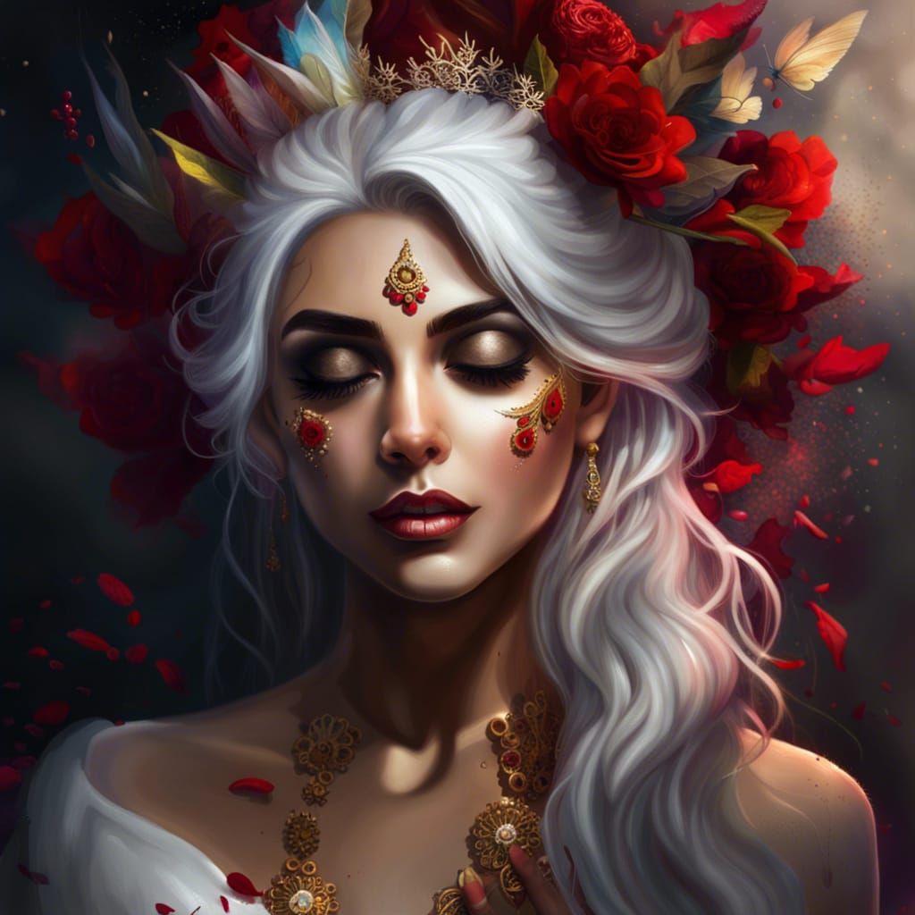 Bride , golden  eyes, , make up, red lips, kajal, flower , s...