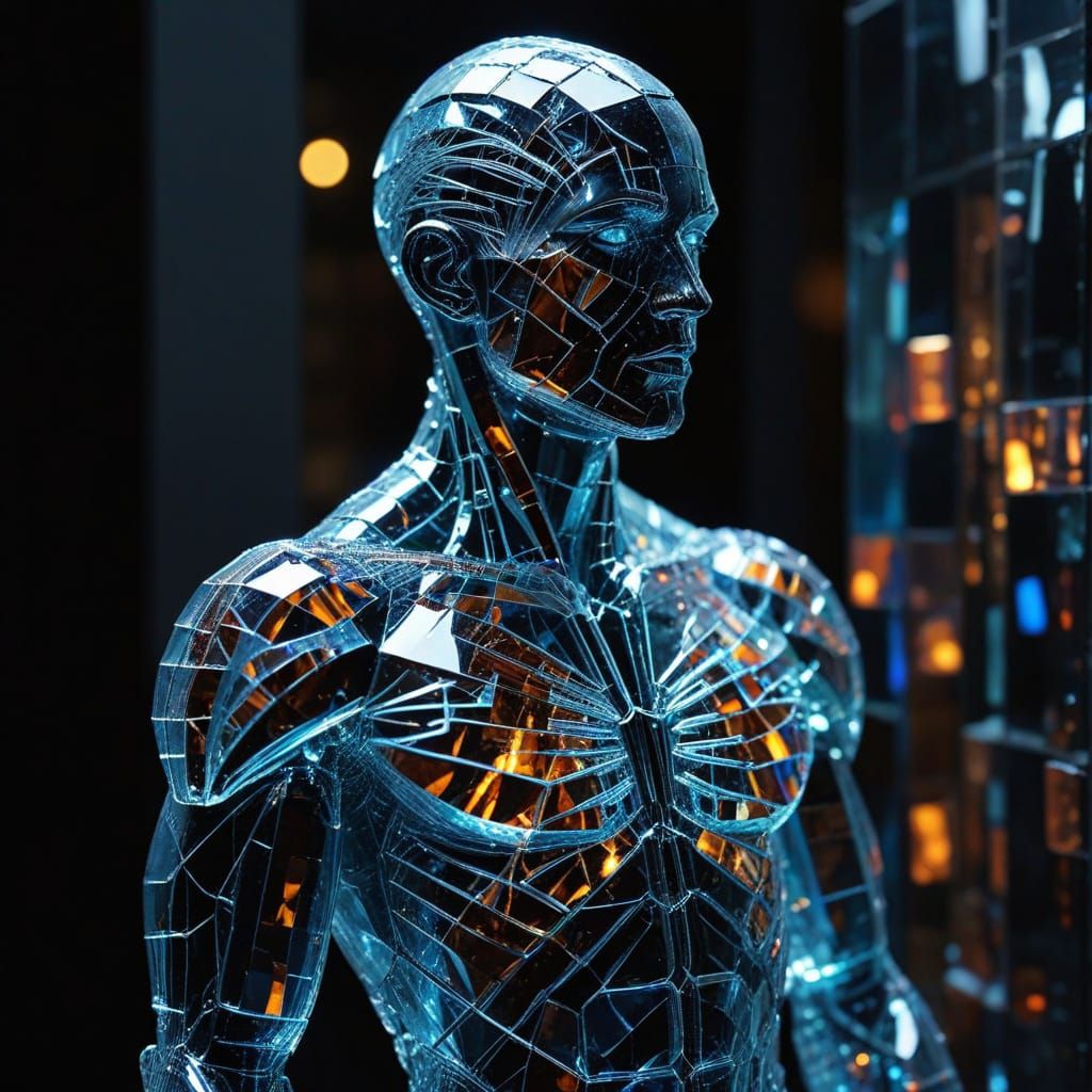 Geometric Glass Man Statue in Surrealist Style