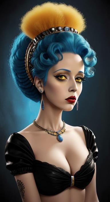 Portrait of Yellow Skinned excessively tall Blue Hair beehiv...