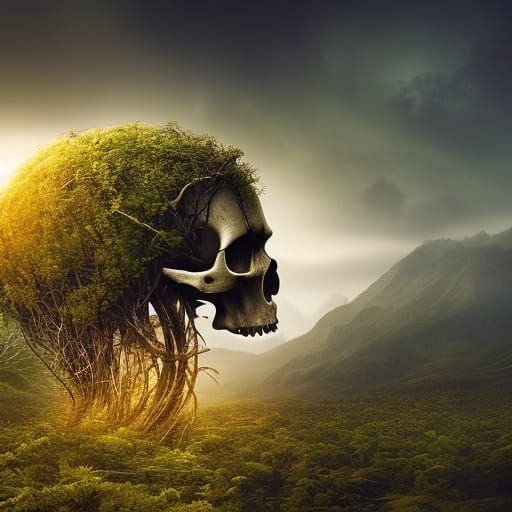 skull covered in vines