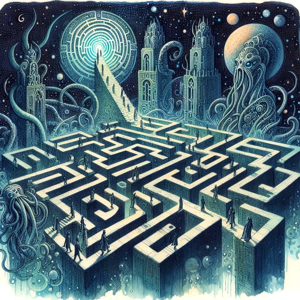 Labyrinth liminal space, Lovecraft, watercolor.