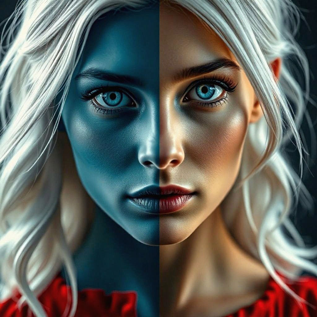 Realistic portrait of Towa separated into two good and evil ...