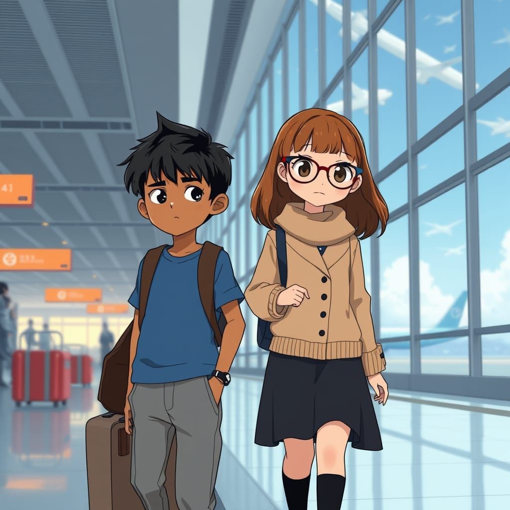 un niño de 8 años (cabello negro y piel morena) junto a una joven de 16 (cabello amarillo y lentes)  despidiéndose en un...