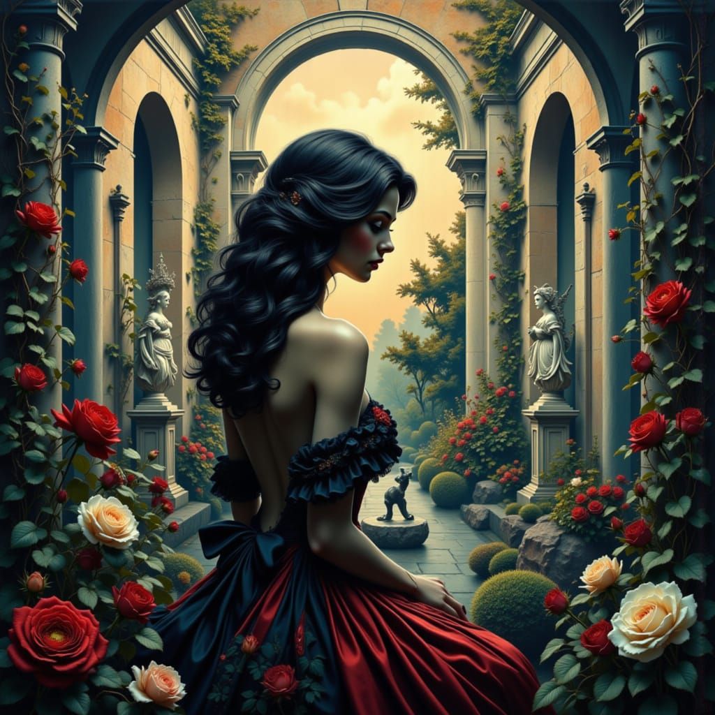 Ethereal Silhouette in Forgotten Renaissance Garden Painting