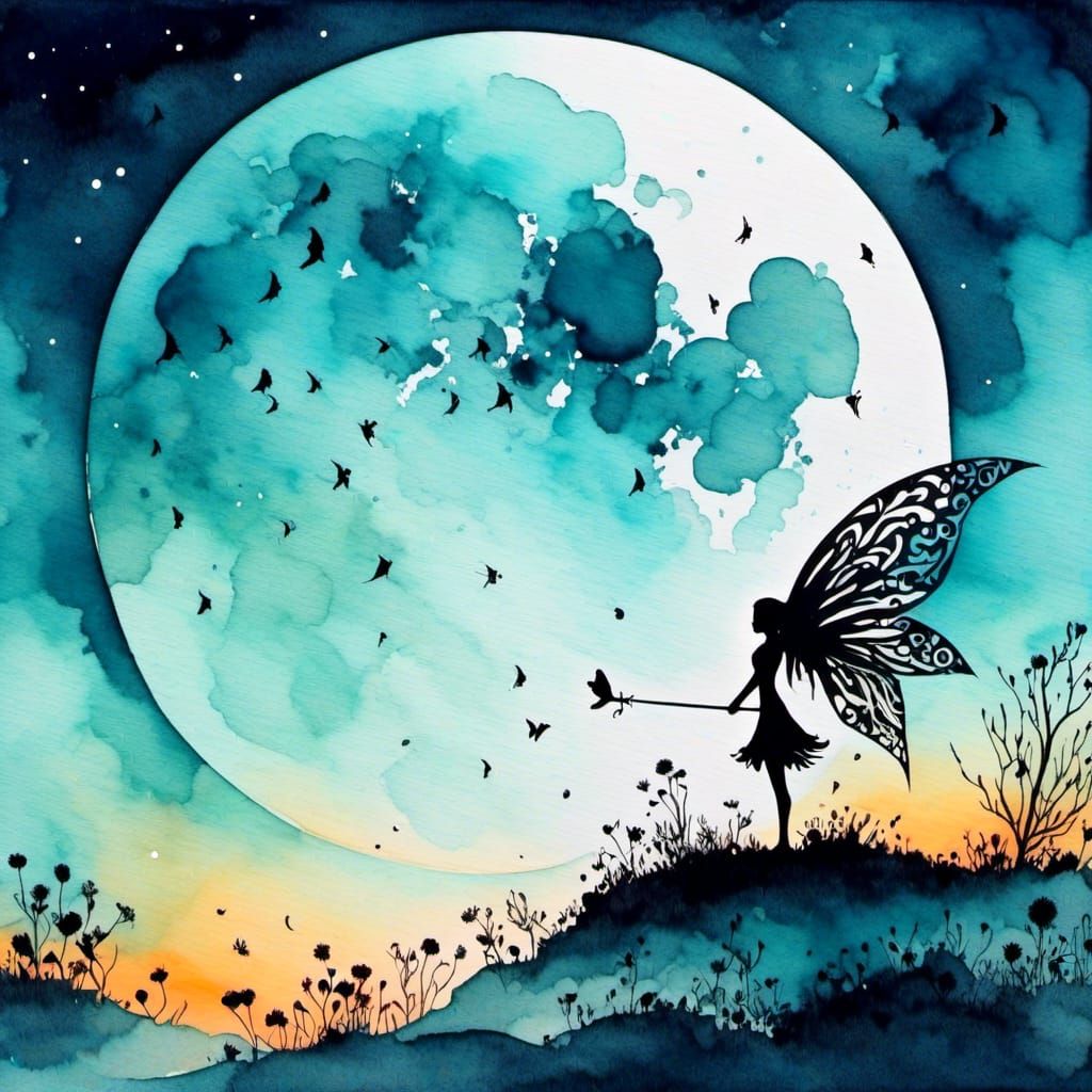 watercolor <lora:Inspiration:1.0> double exposure : fairy silhouette  moonlit landscape