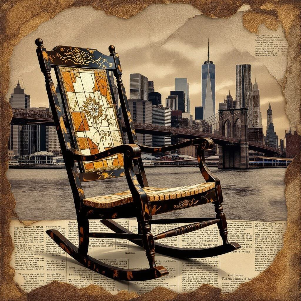 Envision a vintage rocking chair with a distressed border and burnt frame, set in a stylish cityscape ...  by @AI