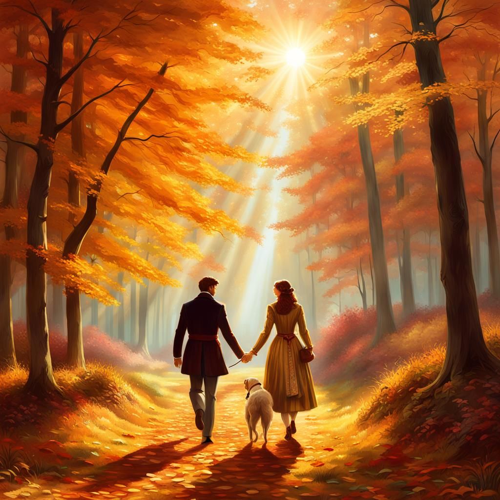 Ein Liebespaar beim spazieren mit einem Hund im Herbst. intricately detailed color gradient 8K resolution beautiful sunshine rays dynamic li...