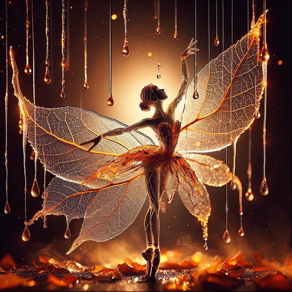 macro tiny beautiful ballerina dancer made out of a translucent autumn leaf, with raindrops and ice dripping ...  by @AutumnBear