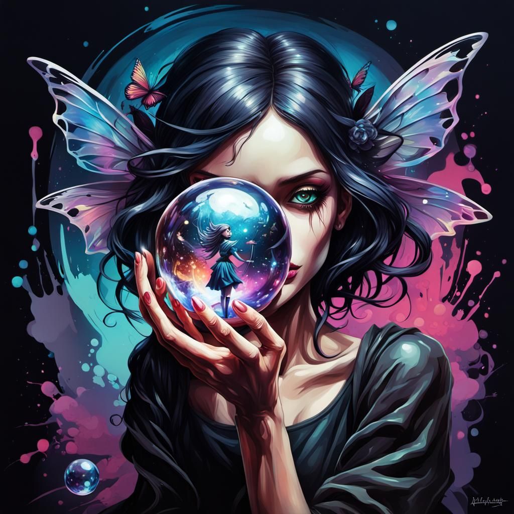 Gorgeous dark fairy holding a crystal ball with an image of ...