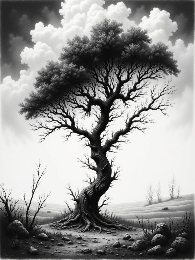 Monochromatic Charcoal Drawing of a Gnarled Tree in Barren L...