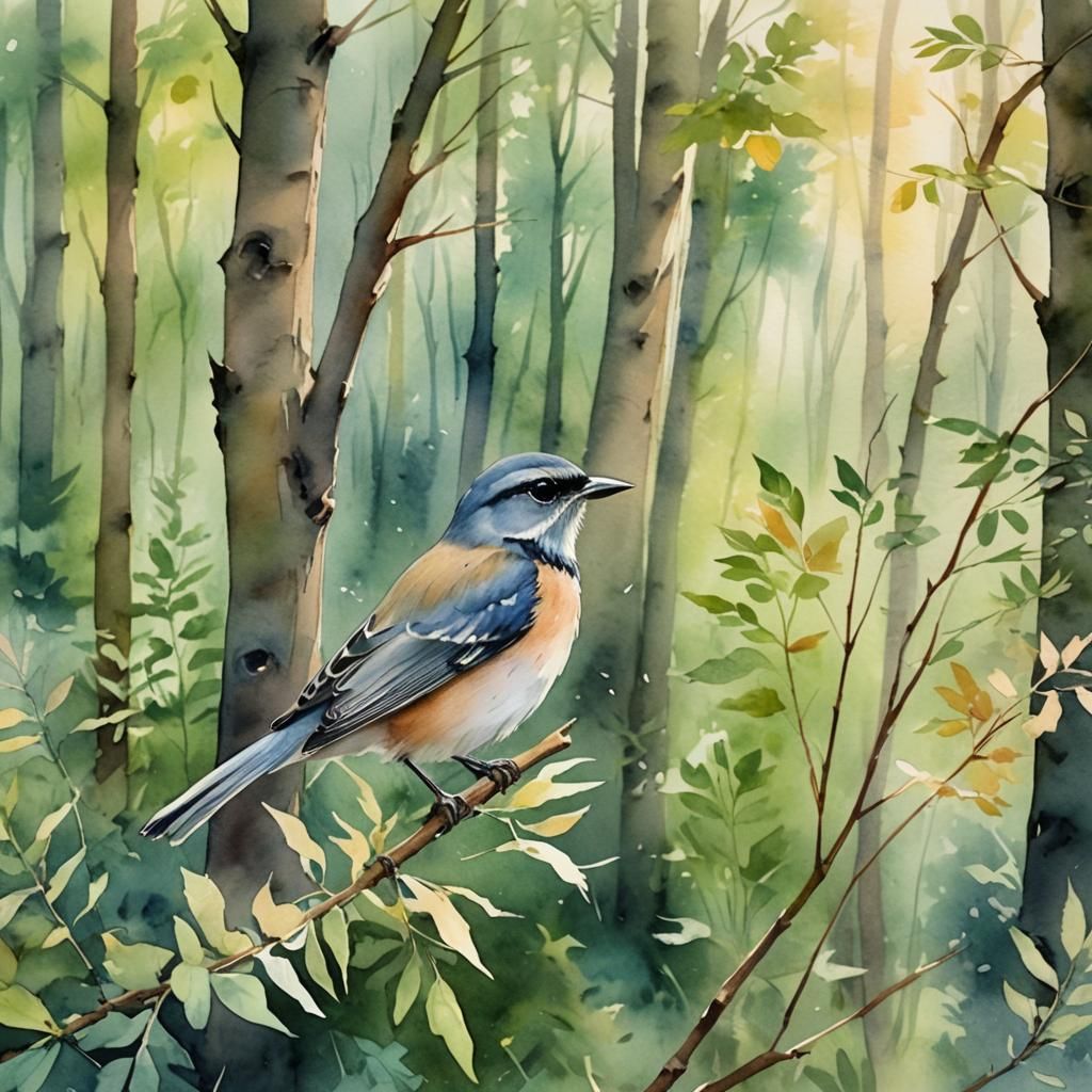 Bird Whispering in Serene Forest Watercolor