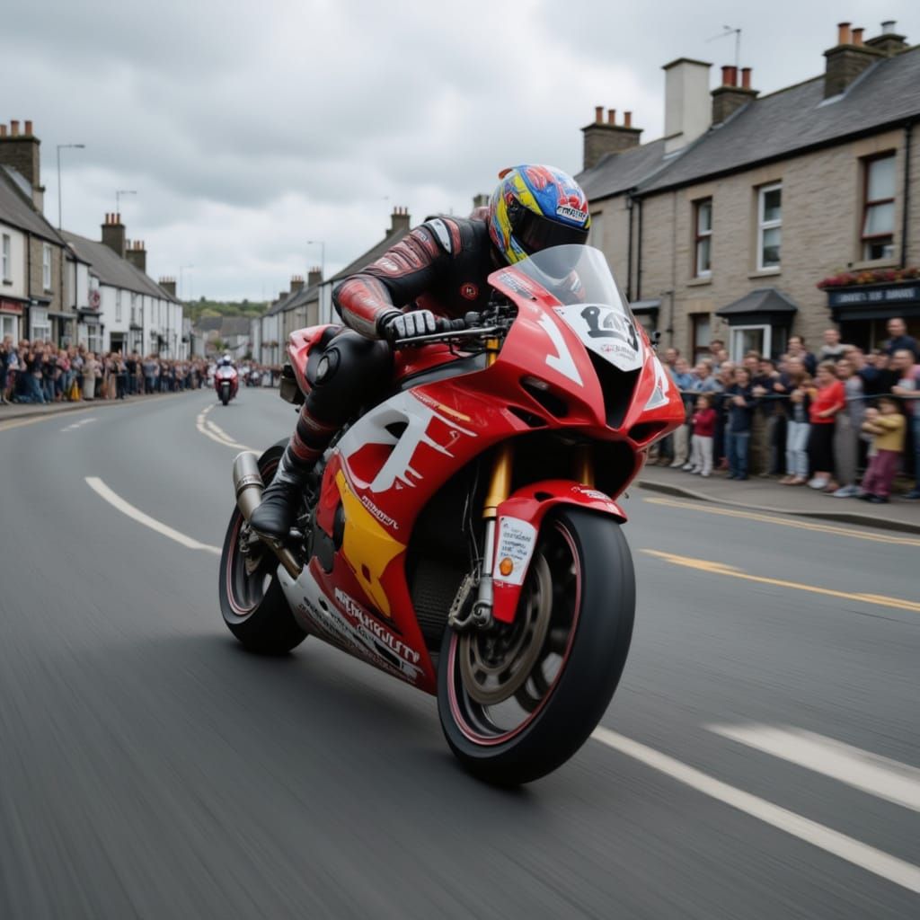 <lora:Motorcycle Racing:1.0> Hyper realistic Motorcycle street racing in the Isle of Man