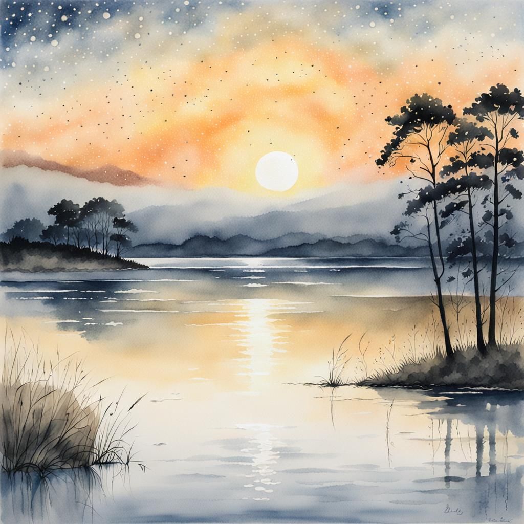 Dawn over an estuary. Stars twinkling in sky