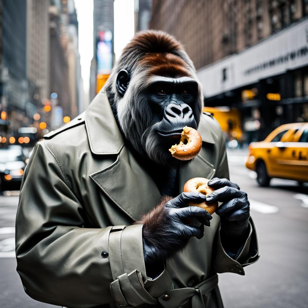 Gorilla in a trenchcoat enjoying a bagel In New York City