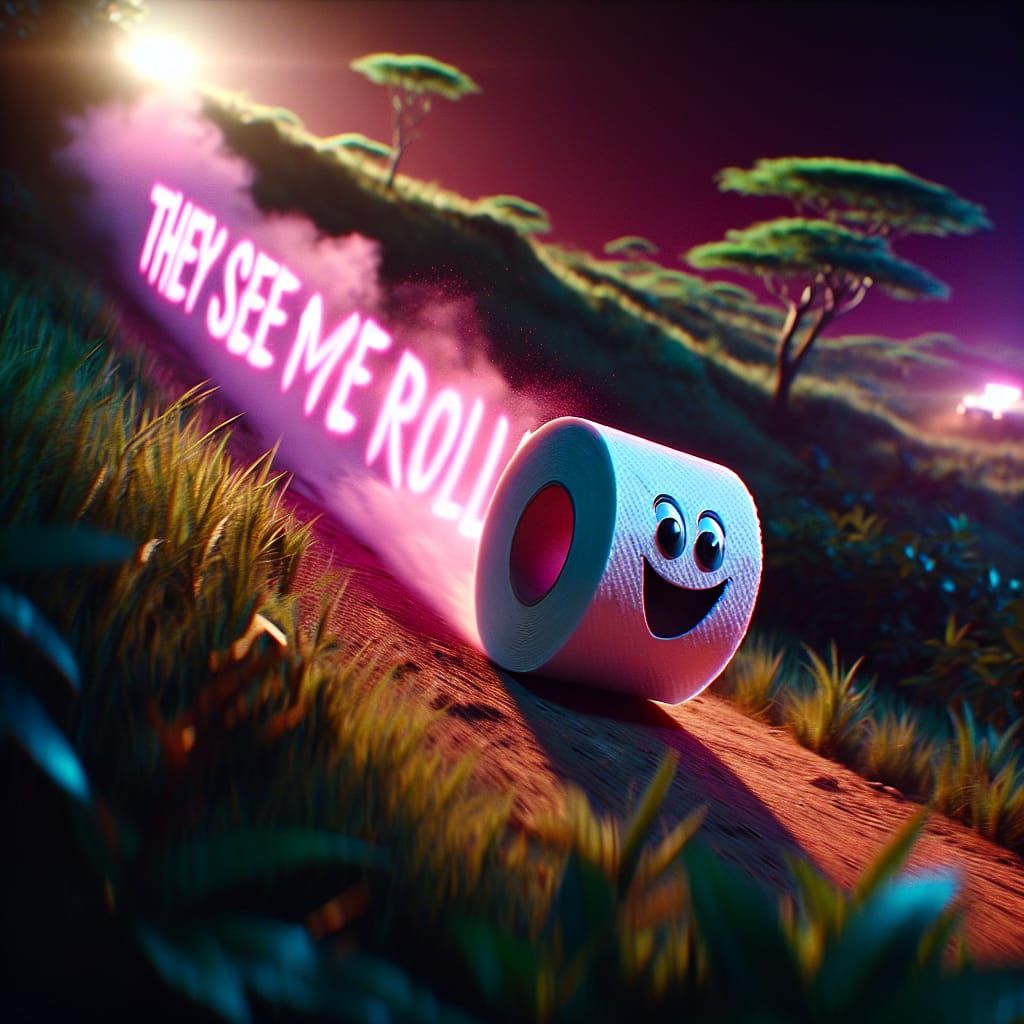 Joyful Toilet Roll Races Downhill in Neon Smoke