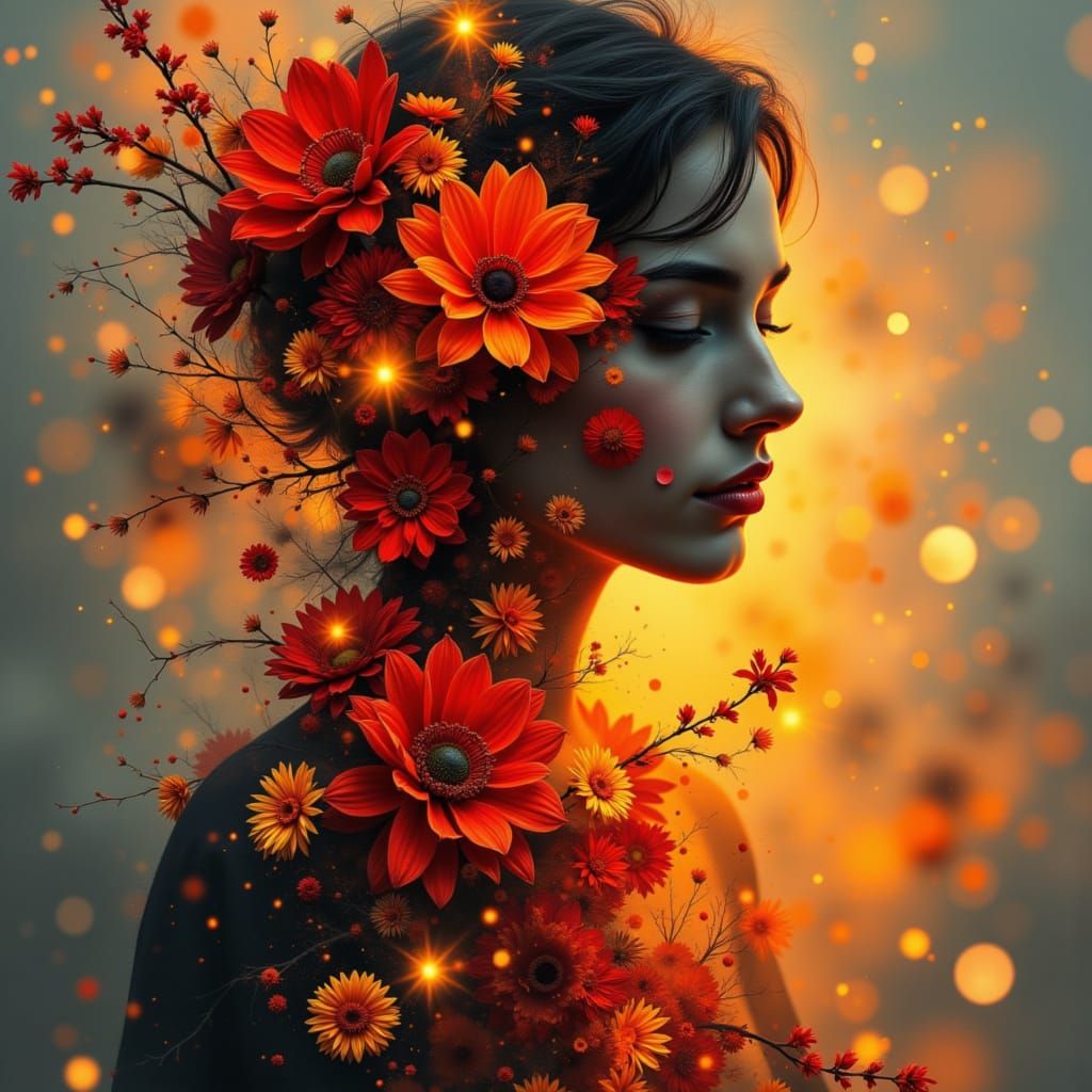 Vibrant Double Exposure: Woman, Flowers, and Flames