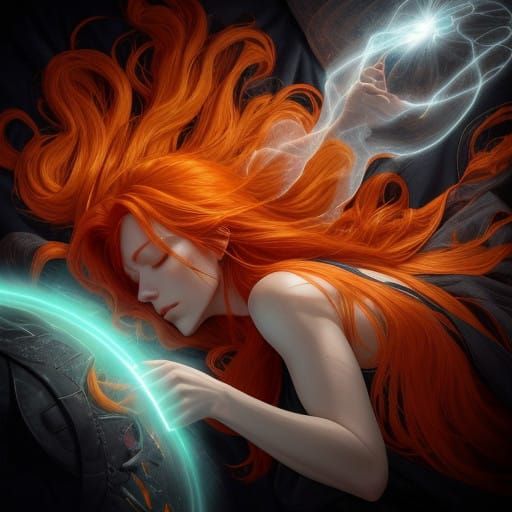 An hyperdetailed view of Ethereal multidimensional entity stealing energy and life force from behind a redhead girl while she's sleeping and...