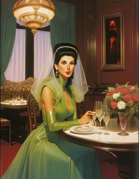 Two aliens on a date in a fancy restaurant.
