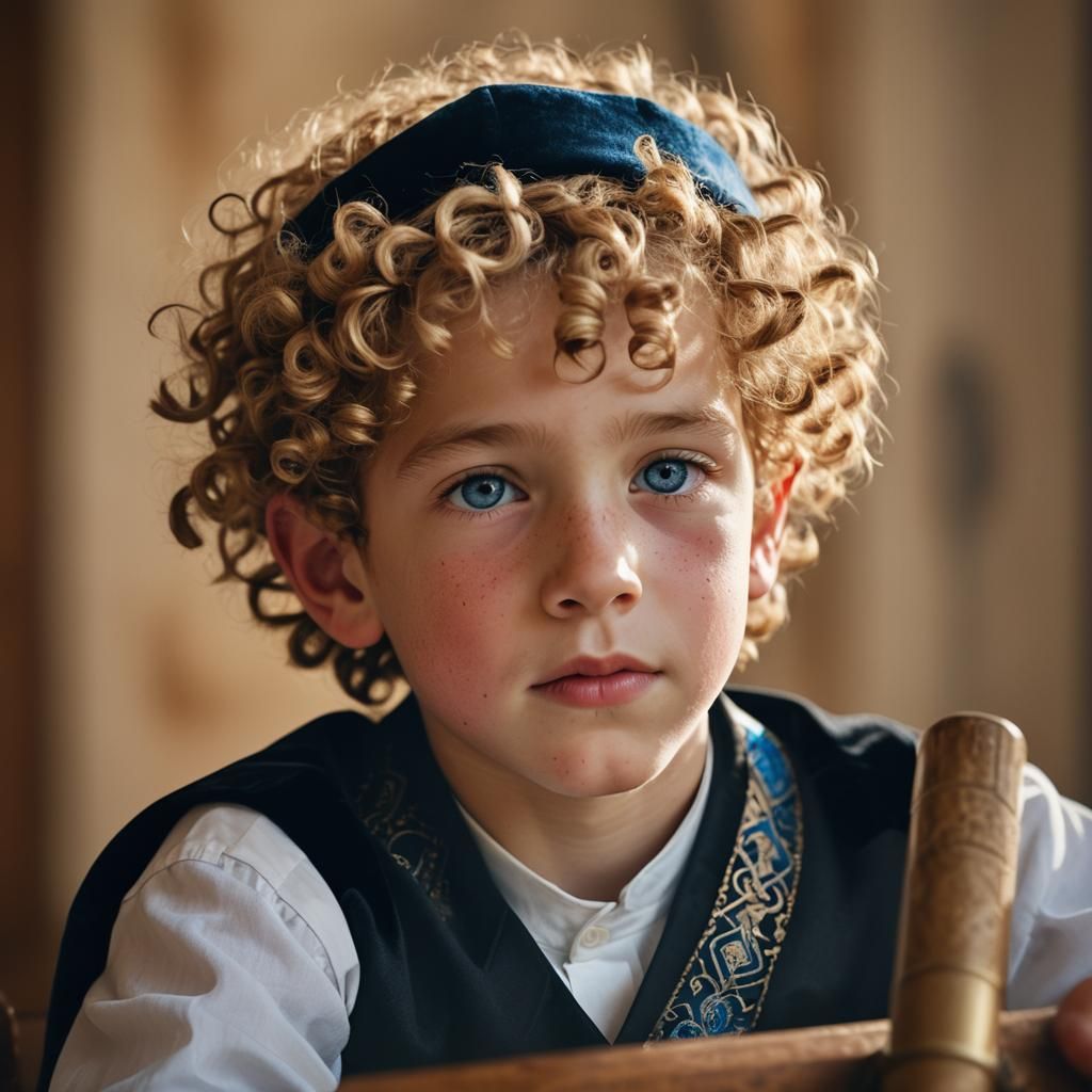 Young Boy's Reverence: Portrait in Vibrant Studio Style