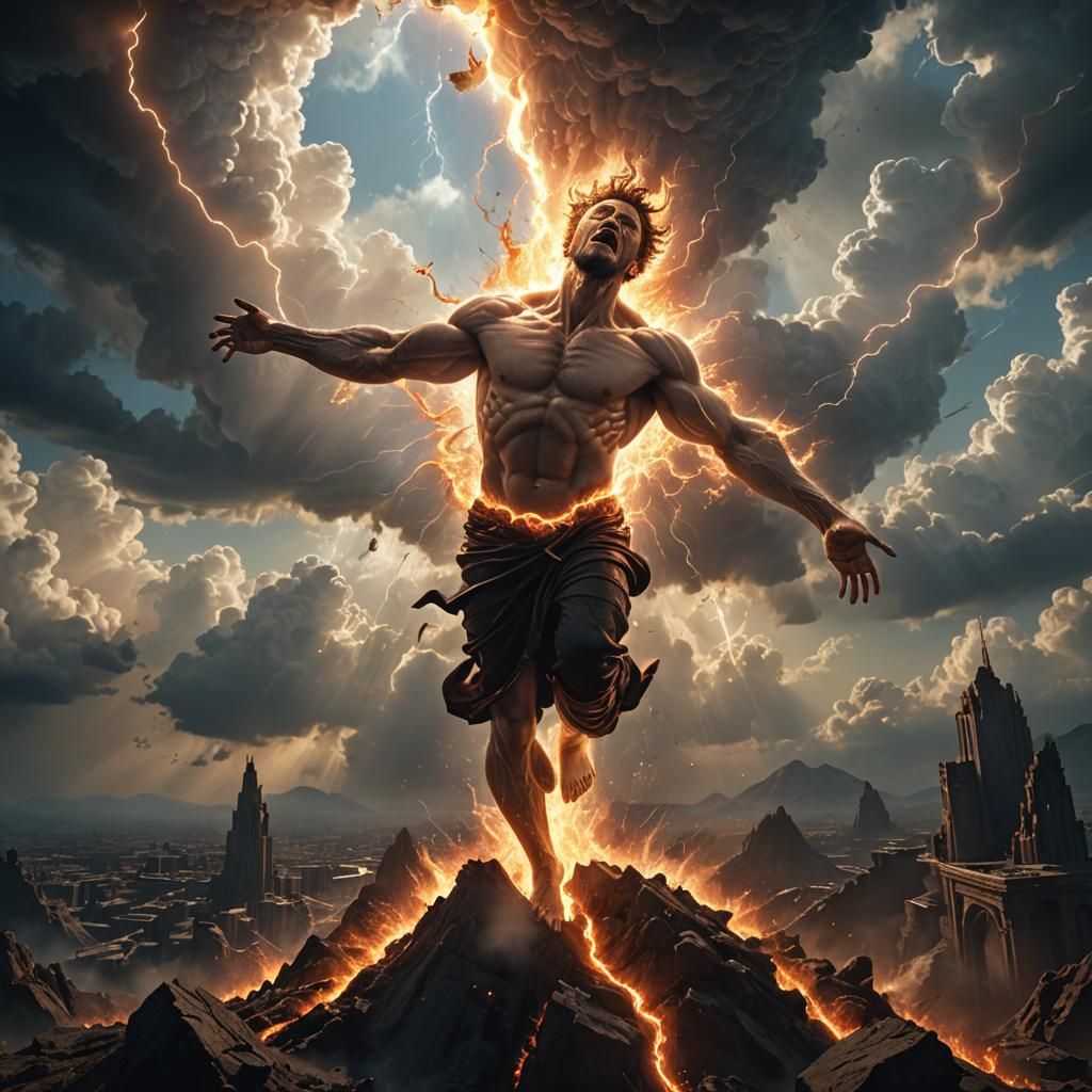 Lucifers falling from heaven, contorted view, flailing in an...