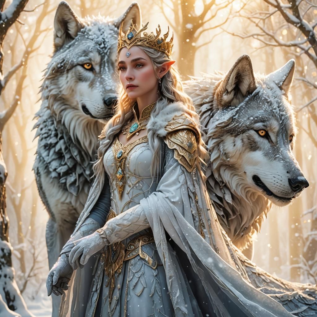 Winter Elven Queen and her Timberwolves
