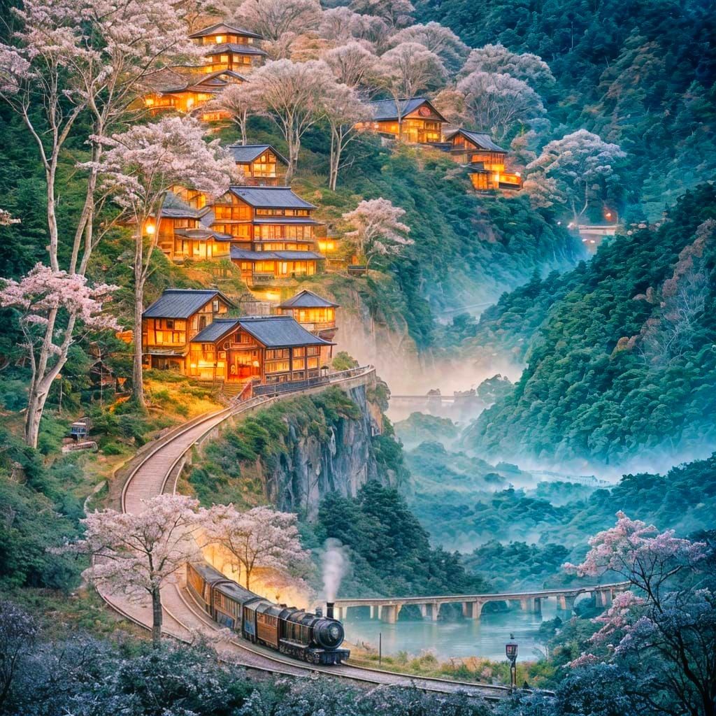 Vintage Train in Japanese Mountains