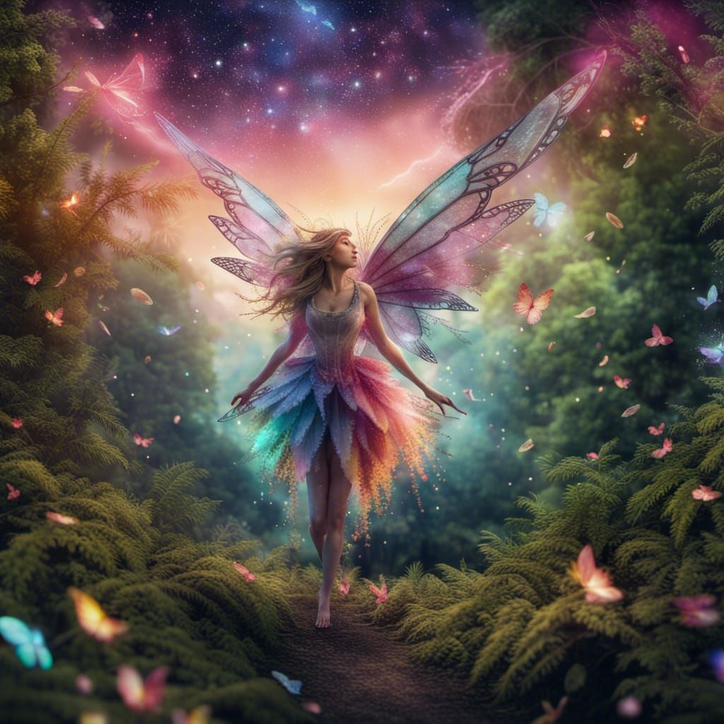 Realistic, colorfull fairy,s in a forrest Flying around, Galaxy sky ...