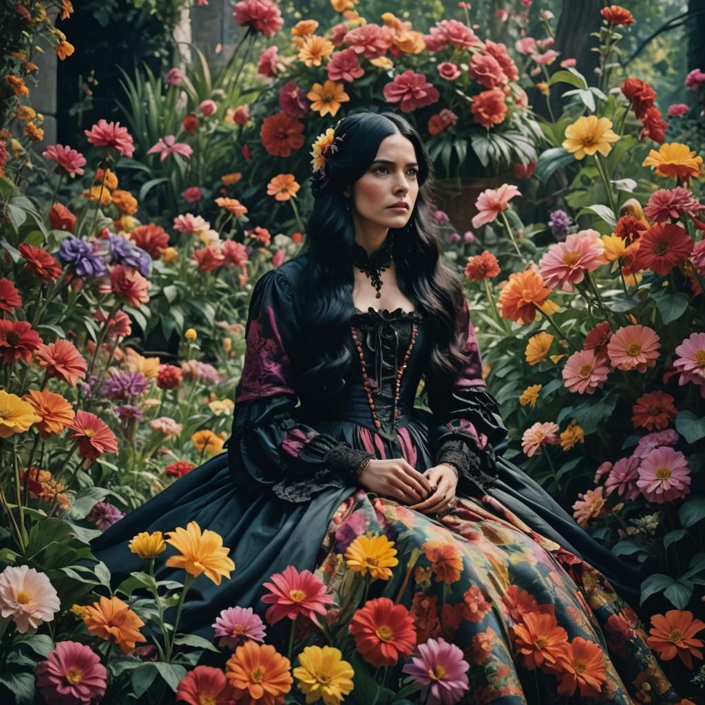 Victorian Woman Surrounded by Giant Flowers