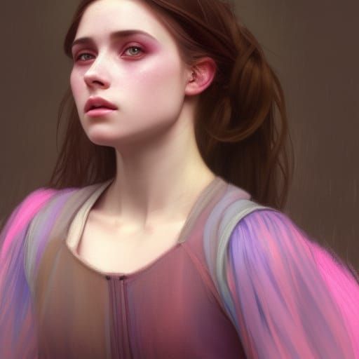 Beauty queen with pink eyes wearing rainbow dress in pastel ...