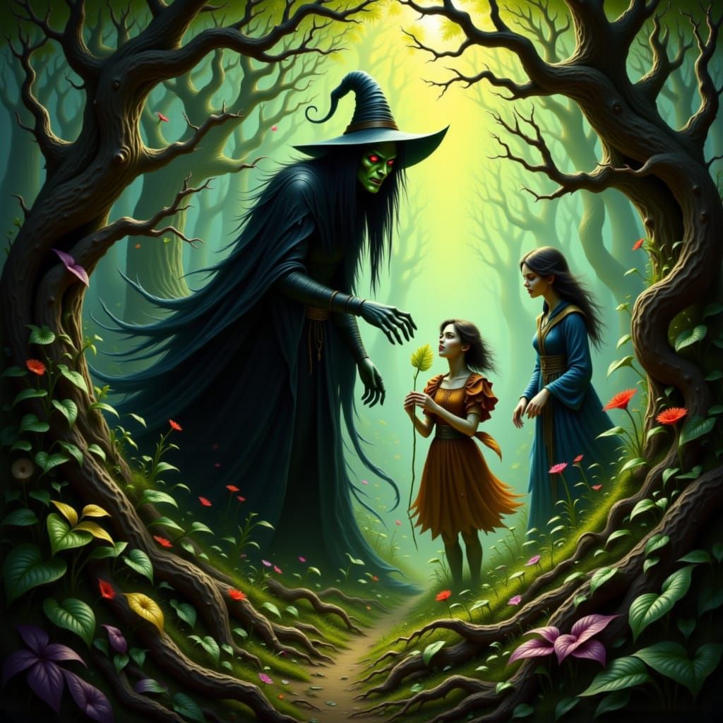 The Evil Wicked Witch coming upon innocents gathering herbs deep in the woods.
<lora:RPGWorld:1.0> <lora:LSH2:1.0> <lora:SpoRadicaL:1.0> <lo...