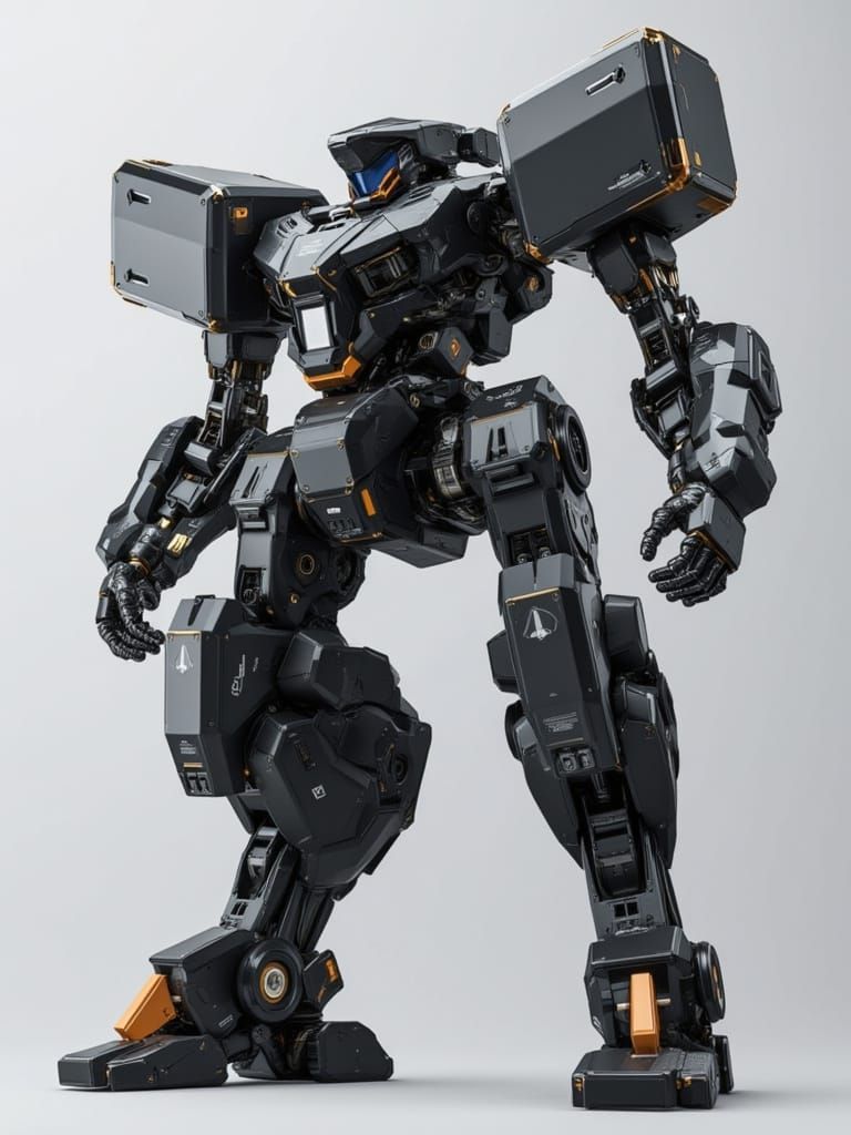 <lora:Boxy Mecha:1.0> A full body heavy mecha with enormous box where he stores a transformable weapon