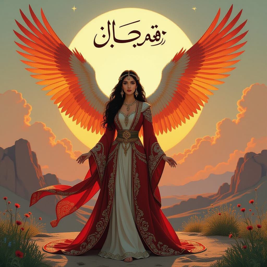 The Simurgh’s wings spread like a fiery sunset, Parisa small but fearless before it, the riddle’s answer (‘dream’) floating in Farsi calligr...