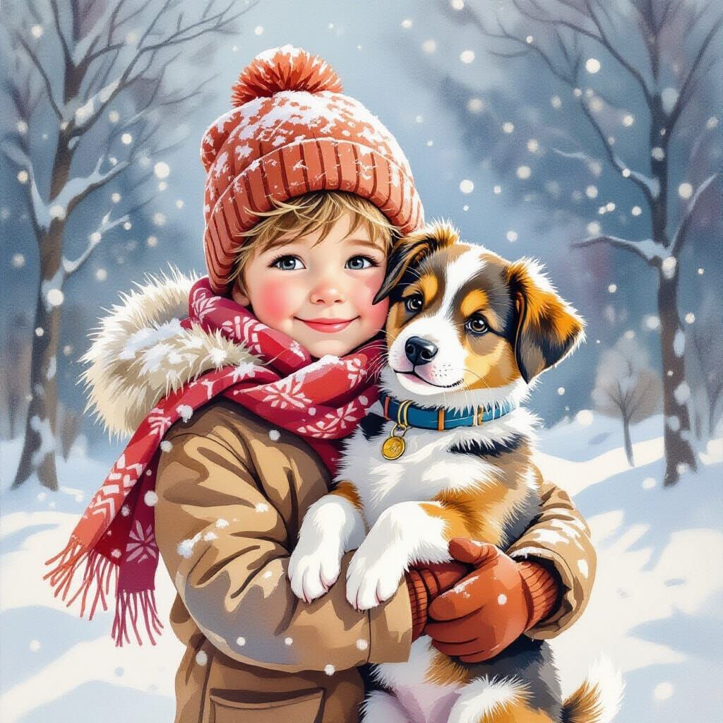 un joli petit garçon habillé en hiver, tient dans ses bras un joli chien marron et blanc, il neige, aquarelle ...  by @lola besferder