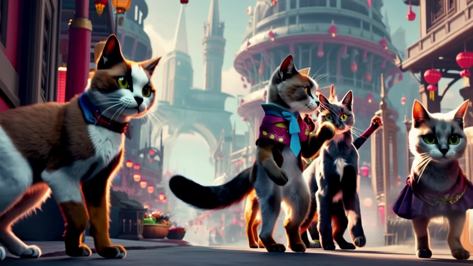 Imagine a group of cats celebrating a festival in a vibrant, otherworldly city, with colorful lanterns, exotic foods, an...
