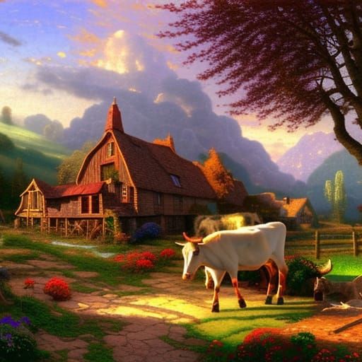 Farmhouse with cow.  undefined