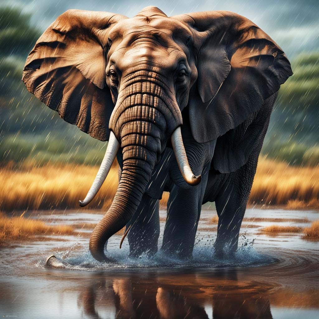 fotografía digital hiperrealista de un elefante en la sabana africana, en un día de lluvia, reflejado ...  by @josegil