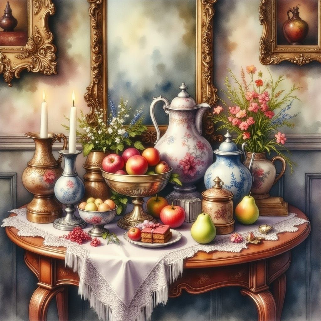  <lora:Bak Brom Watercolor:1.0> vintage still life on a Victorian style table Bak Brom watercolor gritty grunge antique watercolor style 
